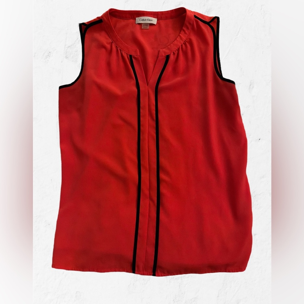 Calvin Klein Women's Red Blouse with Black Trim